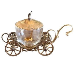 Vintage Cinderella Carriage Jam Jar Sugar Bowl GoldTone Glass Spoon Ornate Decor